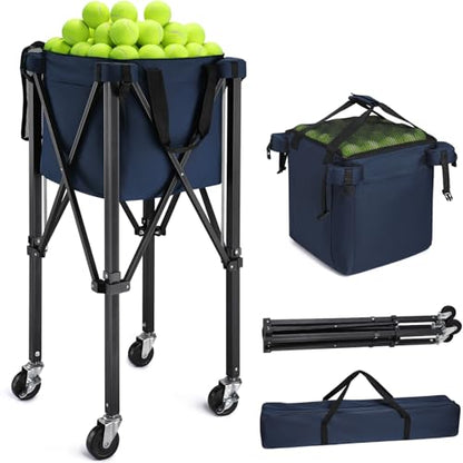 TOBWOLF Foldable Tennis Ball Hopper,Holds 160 Balls, Portable Tennis Ball Hopper with Wheels,Upgraded Large Capacity Pickleball Ball Holder for Baseball Softball Pickleball Training