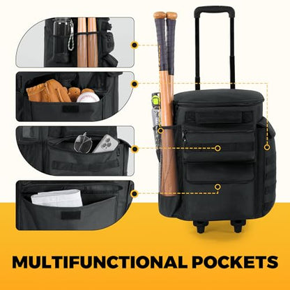 MABOZOO Baseball Bucket Bag with Wheels, Softball Bucket Bag, Baseball Coaches Organizer with Multiple Pockets for Bat, Gloves, Scoreboards and Other Accessories