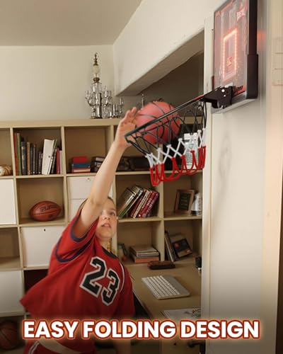 Indoor Basketball Hoop Pro for Kids, Over The Door Basketball Hoop Indoor with LED Light/Scoreboard/4 Balls- Upgraded Anti-Impact Backboard, Basketball Toys Gifts for 6 7 8 9 10 11 12 Year Old Boys