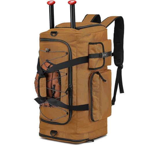 Large Baseball Duffle Bag Softball Backpack for Adult & Youth, 65L Spors Gym Duffel Equipment Bag with Shoe Compartment and Bat Holder, Catchers Gear Bag Fits Batting Mitten, Tball Gear, Helmet - color: Brown
