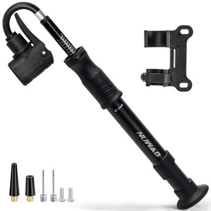 NUWAB Mini Bike Pump, 10 Inch Portable Hand Bicycle Pump, 100PSI, Support Shrader and Presta, Fast Air Out Ball Pump, Work with All Bikes and Balls, Swimming Ring, Come with Ball Needles, Nozzles