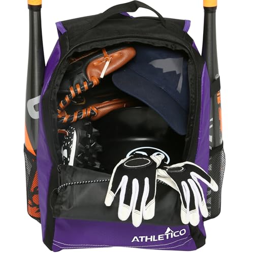 Athletico Youth Baseball Bag - Bat Backpack for Baseball, T-Ball & Softball Equipment & Gear | Holds Bat, Helmet, Glove | Fence Hook - color: Purple