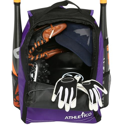 Athletico Youth Baseball Bag - Bat Backpack for Baseball, T-Ball & Softball Equipment & Gear | Holds Bat, Helmet, Glove | Fence Hook - color: Purple