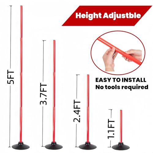 6 Pcs 5 FT Adjustable Agility Training Poles for Soccer,Basketball,Football, Horse,Dog-Speed and Agility Training Equipment Sports Training Poles with Rubber Bases and Bag - color: red