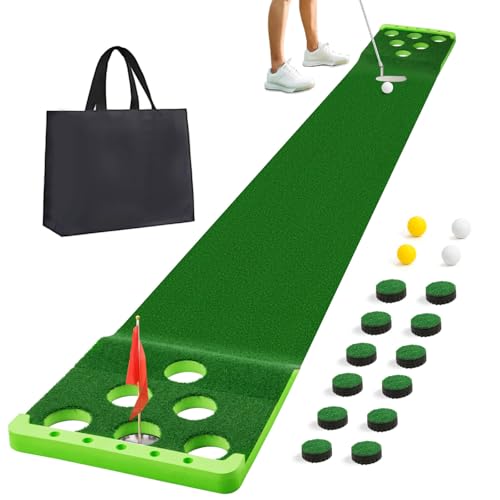 Golf Putting Game Set with Front Border for Indoor & Outdoor,Golf Putting Green Mat Include 4 Balls,1 Portable Bag,2 Flags&Cups,Practice Training Aid for Backyard,Party,Office - color: Green