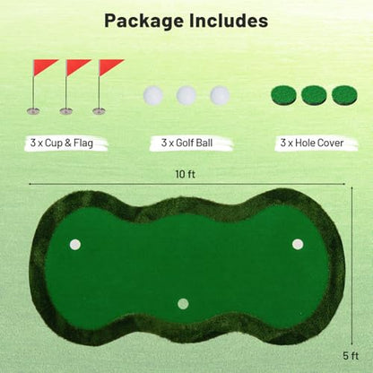 Tangkula 10 FT Golf Putting Green, Large Professional Golf Training Mat with Realistic Artificial Grass Turf, 3 Holes, 3 Flags and Cups for Indoor Outdoor Putting Practice - size: 10 FT x 5 FT, style: Waved