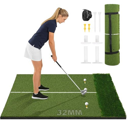 32mm Dual-Turf Golf Mat, 5x4FT Golf Hitting Mat with Standing Guide-Line, Golf Practice Mat for Outdoor & Indoor, Ideal Gifts for Men Dad/Husband/Golfers