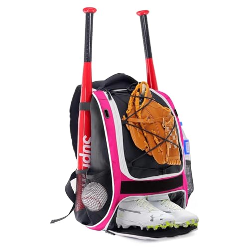 WOLT Youth Baseball Bag - Bat Backpack for Baseball, T-Ball & Softball Equipment & Gear, Bat & Glove Holder, Large Main Compartment for Helmet & accessories, Separate Shoes Compartment, Fence Hook - color: pink