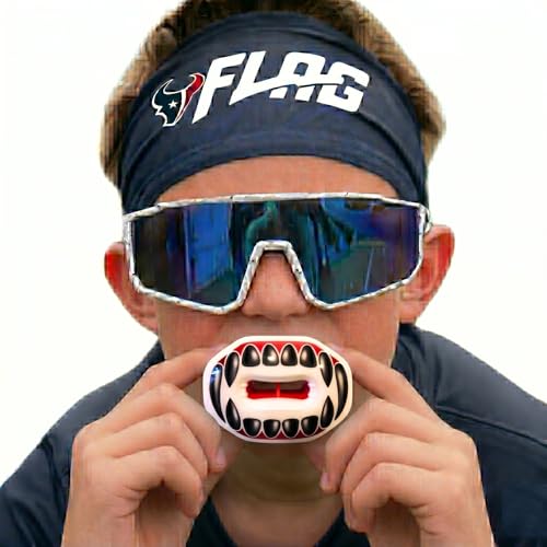 Oral Mart Flag Football Mouth Guard with 3D LipFit Design for Kids - Youth Football Mouthguard (No Boil) Cool Instant Fit Lip Guard Mouthpiece for Braces (Detachable Helmet Strap Included) - color: White and Red (Black Fangs)