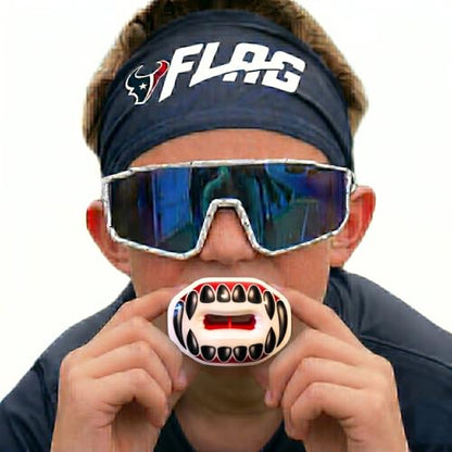 Oral Mart Flag Football Mouth Guard with 3D LipFit Design for Kids - Youth Football Mouthguard (No Boil) Cool Instant Fit Lip Guard Mouthpiece for Braces (Detachable Helmet Strap Included) - color: White and Red (Black Fangs)