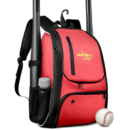 Youth Baseball Bag, Lightweight Softball Bag with Shoes Compartment, Baseball Backpack with Fence Hook for TBall Bat & Equipment - color: Red