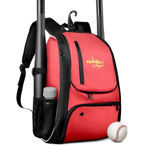 Youth Baseball Bag, Lightweight Softball Bag with Shoes Compartment, Baseball Backpack with Fence Hook for TBall Bat & Equipment - color: Red