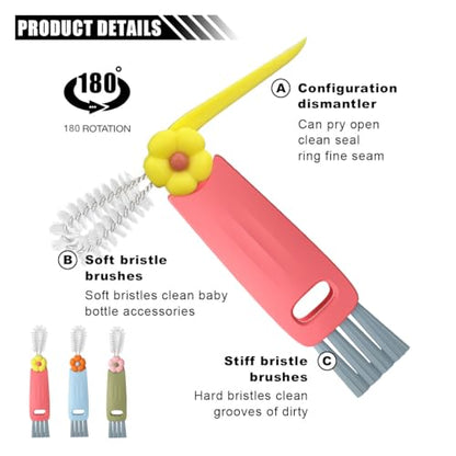 3 in 1 Cup Lid Cleaning Brush Set for Bottle Gap Tight Spaces Cup - Multifunctional Cleaning Brush Portable Crevice Cleaning Tools - Cup Mouth Scrubber Cup Lid Cleaner with Flower Design (3PCS)