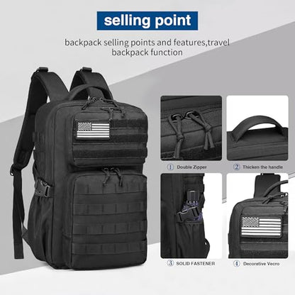 Wotony Military Tactical Backpack for Men Waterproof Daypack 3 Day Assault Pack Molle Bag with Water Bottle Holder - color: Black, size: 25L