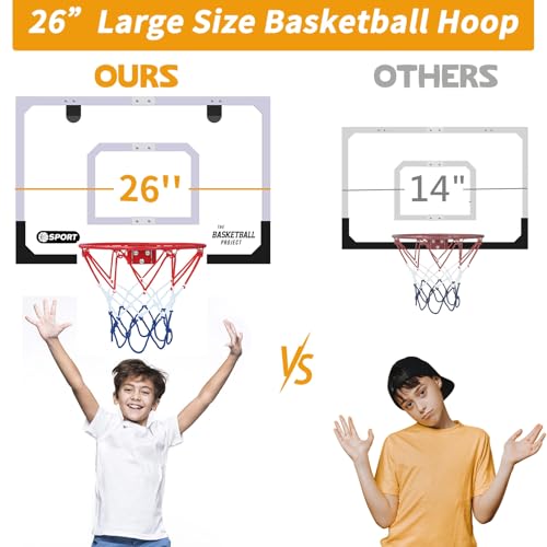 Upgrade Basketball Hoop Set - Extra Large 26" x 17" Pro Indoor Basketball Hoop for Door & Wall with 2 Balls, Complete Accessories, Basketball Toy Gift Perfect for Boys Girls Teens Adults