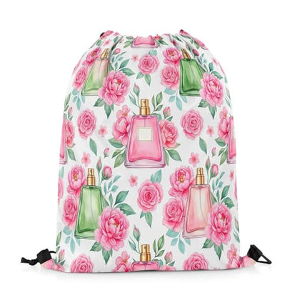 Castle Fairy Pink Flowers Perfume Drawstring Backpack Gym Bag,Beauty Fragrance Cinch Bag,Princess Style Foldable Draw String Back Bags Sports Bags,Pink Green - color: Pink Green
