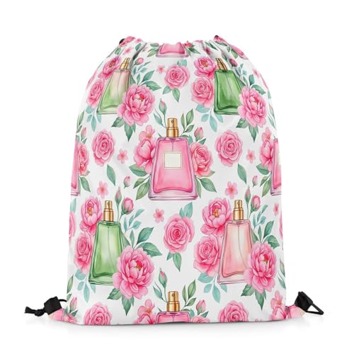 Castle Fairy Pink Flowers Perfume Drawstring Backpack Gym Bag,Beauty Fragrance Cinch Bag,Princess Style Foldable Draw String Back Bags Sports Bags,Pink Green - color: Pink Green