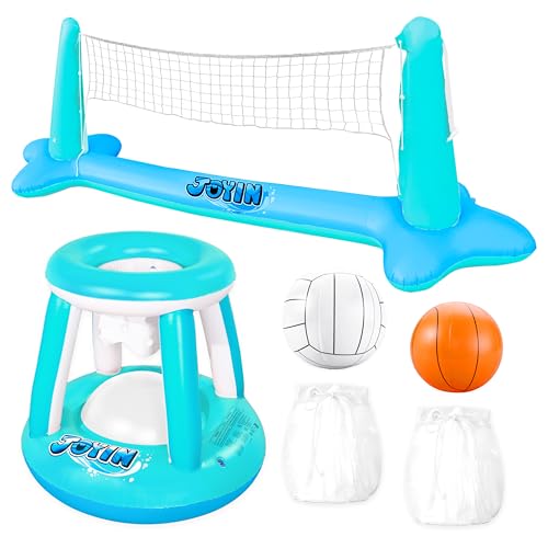 JOYIN Inflatable Pool Float Set Volleyball Net & Basketball Hoops, Floating Swimming Game Toy for Kids and Adults, Summer Floaties, Volleyball Court (105”x28”x35”)|Basketball (27”x23”x27”),L-Blue - color: Blue Cyan, size: Large