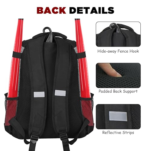 Goloni | Baseball Backpack,Baseball Bag for Adult,Softball Bat Bag with Shoes Compartment,Large Main Compartment for Helmet & accessories, Fence Hook - color: Grey