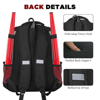 Goloni | Baseball Backpack,Baseball Bag for Adult,Softball Bat Bag with Shoes Compartment,Large Main Compartment for Helmet & accessories, Fence Hook - color: Grey
