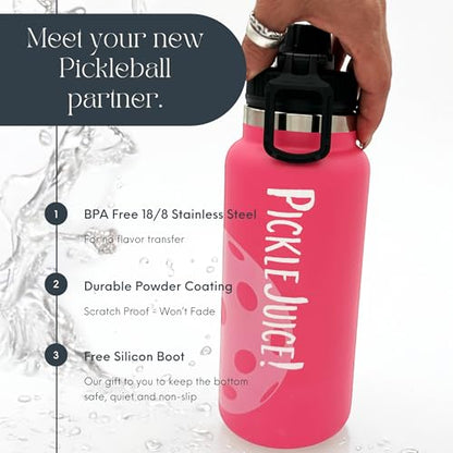 Maui Pickleball Co.™ Pickleball Water Bottle 32oz Insulated Stainless Steel Water Bottle PickleBall Accessories Pickleball Gifts SWIG Lid with Carry Handle - color: Hibiscus Pink Swig