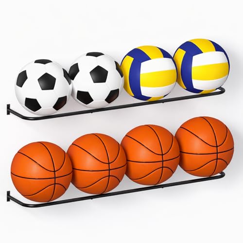 Ball Rack Wall Mount with 2 Separate Shelf, Basketball Holder Storage Wall Mount with 8 Ball Capacity, Garage Sports Equipment Organizer