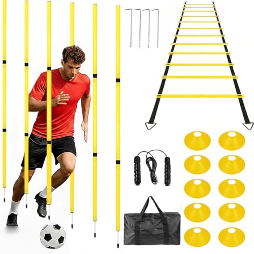 Soccer Agility Training Equipment, 6 Adjustable Soccer Training Agility Poles, 1 Speed Agility Ladder,10 Soccer Agility Cones for Training, 1 Jump Rope + Storage Bag for Youth Soccer Drills - color: yellow