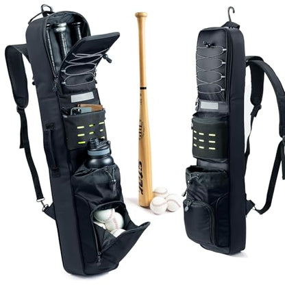 Rolling Baseball Bat Bag with Wheels, Large Capacity Gear Bag Holds 4 Bats, Reinforced Hard Base & Structured Back Panel, Top & Bottom Grab Handles, Shoe & Helmet Compartments for Youth &Adult Players - color: Black - Slim Style - No Wheels