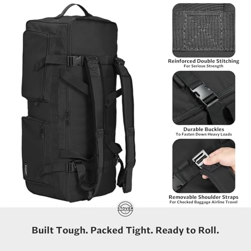 STOVER 45/80/100L U-Zip Rolling Duffel Bag with Wheels, X-Large Durable Travel Duffle + Toiletry Bag, Lay-Flat Opening, Packable w/Shoulder Straps- Use as Luggage or Backpack, Men/Women (Black) - color: U-Zip Black
