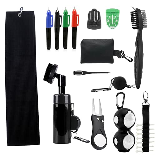 23P Golf Essentials Kit -Golf Green Fork, Golf Brush,Accessory Pack, Golf Towel, Golf Club Brush, Golf Ball Marker, Divot Repair Tool, Golf Ball & Golf Tee Holder,Golf Gifts for Men
