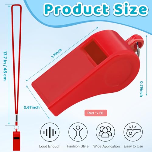 Mototo 50 PCS Plastic Whistle for Coach with Lanyard Loud Crisp Sound Red Sports Referee Whistle Bulk for Adults Coaches Referees Teachers Officials Polices Emergency Dog Training Lifeguard - color: Red