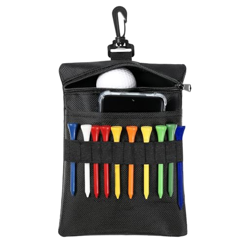 Golf Tee Bag, Multi Pocket Golf Tee Ball Pouch with Lobster Claw Clip Golf Accessories Bag Valuables Pouch for Men Women (Black)