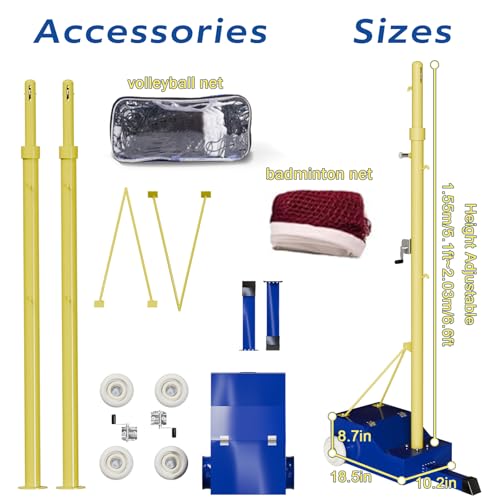 Portable Volleyball Poles,with Volleyball Net/Badminton Net,Outdoor & Indoor Heavy Duty Volleyball Poles Sets,Adjustable Height 5.09ft-6.8ft with Wheels,for Adults Kids Backyard
