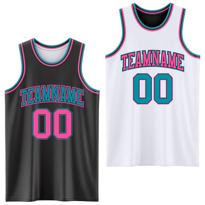 Custom Reversible Basketball Jerseys Men Youth, Personalized Sports Shirts Team Uniforms Printed Name Logo Number - color: Black and White - Teal and Pink