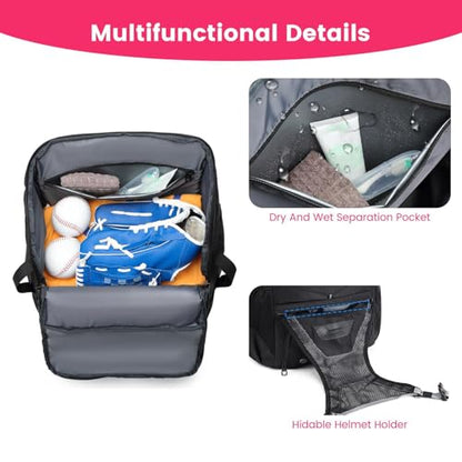 Baseball Backpack Bag | Waterproof Softball Bat Bag With Shoe Compartment, Helmet Holder & Fence Hook | Lightweight Sports Equipment Backpack For Bat, Glove, Ball & Training Gear