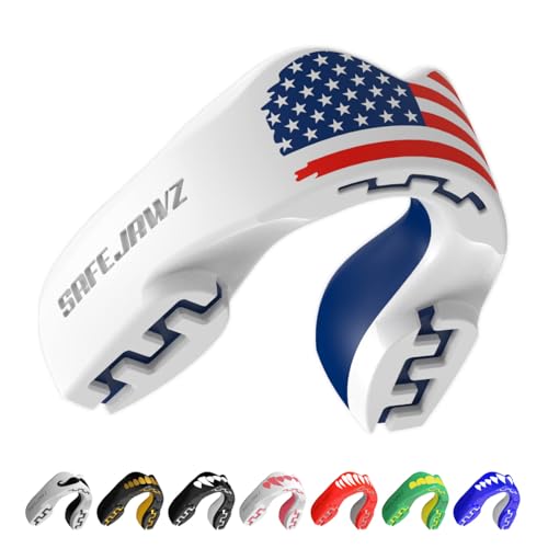 SAFEJAWZ Mouth Guard, Dual Layer Mouthguard for Youth with Case, Easy Fit Remoldable Mouthpiece for Football, Boxing, Lacrosse, MMA, Basketball & All Contact Sports (Kids <11 Years, American Flag) - color: American Flag, size: Juniors (up to 11 Year)
