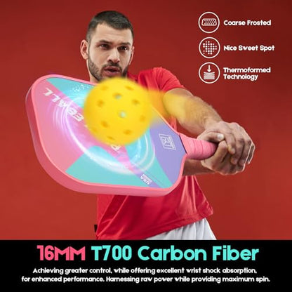 YC DGYCASI 16mm Pickleball Paddles Professional, USAPA Approved, T700 Carbon Fiber Pickleball Paddle Thermoformed, High Grit & Spin, 5.5” Elongated Handle, Handle Girth 4.25”, 8.3oz, with Cover Case - color: Pink