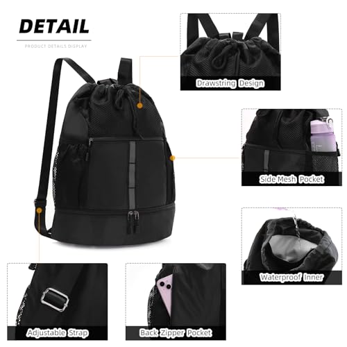 Valleycomfy Drawstring Gym Bag Sports Backpack With Shoe Compartment and Reflective Strips Black - color: Black