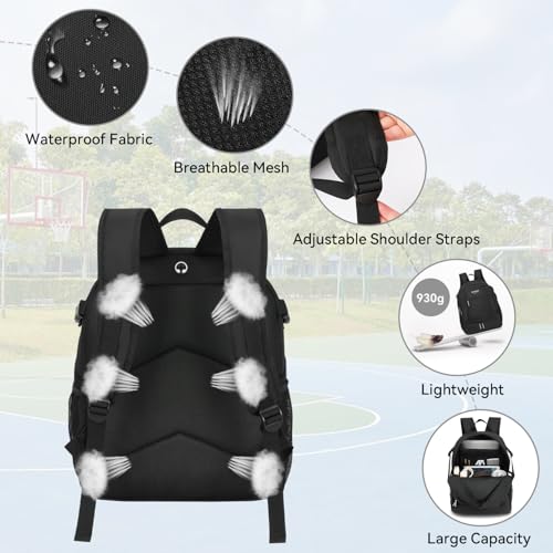 Basketball Backpack with Ball Holder & Shoe Compartment, Large Sports Bag for Men Women, Water Resistant Gym Backpack for Soccer, Football, Volleyball – Black