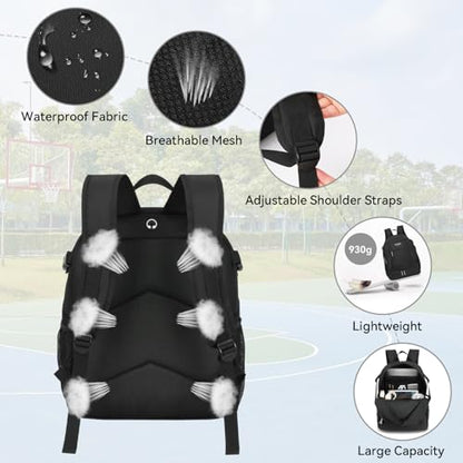 Basketball Backpack with Ball Holder & Shoe Compartment, Large Sports Bag for Men Women, Water Resistant Gym Backpack for Soccer, Football, Volleyball – Black
