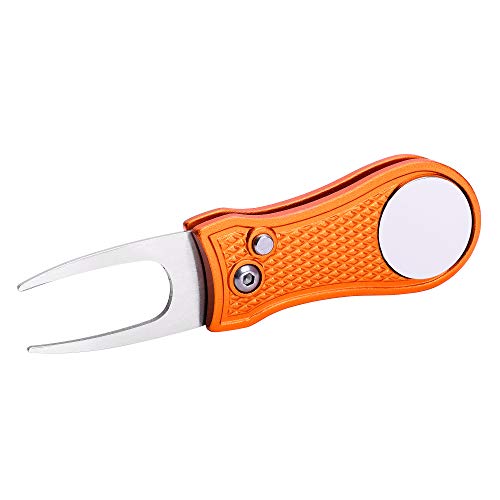 Mile High Life Golf Divot Repair Tool, All Metal Foldable Divot Tool with Pop-up Button & Magnetic Ball Marker - color: Orange Bone