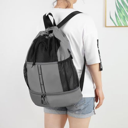 Valleycomfy Drawstring Gym Bag Sports Backpack With Shoe Compartment and Reflective Strips Grey - color: Grey08