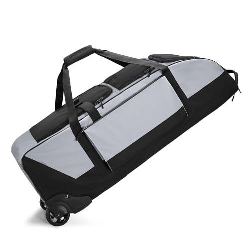 GOBUROS Rolling Baseball Softball Bag with Wheels for 4 Bats, Baseball Duffle Bag with Separate Shoe Space and Multiple Pockets for Softball Equipment, Gray