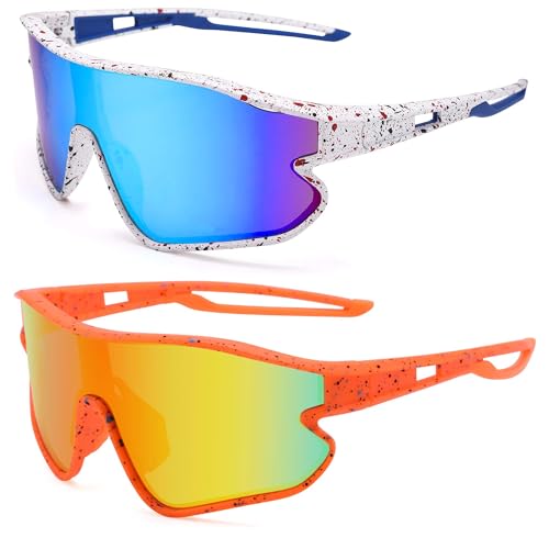 Kids Baseball Sunglasses - Youth Baseball Sunglasses for Boys Girls - Sports Softball Shades Age 6-14 - color: A7 White/Blue Mirror + Orange/Red Mirror