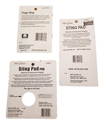 Hot Glove Baseball Sting Pad Pro Hand Protection 3 Piece Bundle with Finger Wrap