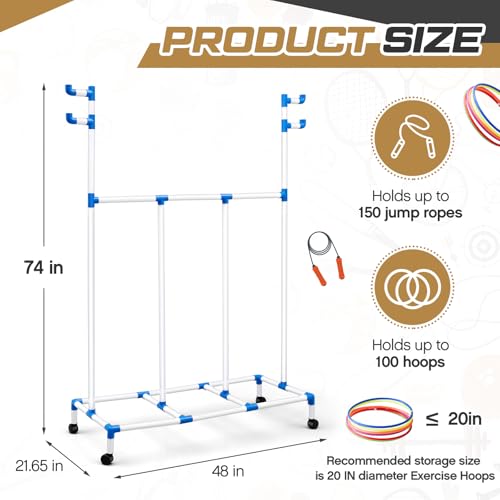 Aurelema Hoop Rope Cart Plastic Hoop Jump Rope Rack Cart with Wheels PE Equipment Rack for Elementary School Primary School Movable Garage Rolling Ball Holder Gym Sports Gear, 48 x 74 x 21.65 Inch