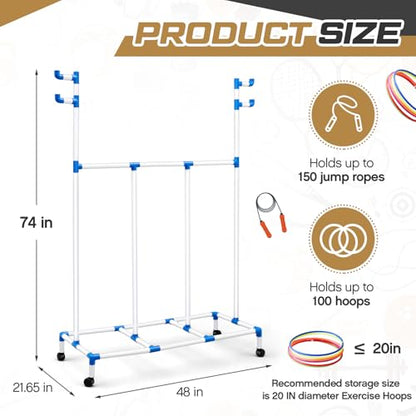 Aurelema Hoop Rope Cart Plastic Hoop Jump Rope Rack Cart with Wheels PE Equipment Rack for Elementary School Primary School Movable Garage Rolling Ball Holder Gym Sports Gear, 48 x 74 x 21.65 Inch