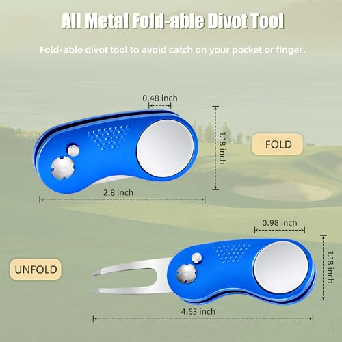 Mile High Life Golf Divot Repair Tool, All Metal Foldable Divot Tool with Pop-up Button & Magnetic Ball Marker - color: Blue Curve