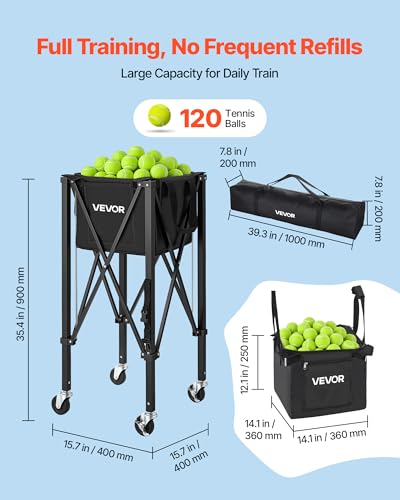 VEVOR Tennis & Pickleball Hopper Holds 200/175/150/120 Balls, 3-in-1 Tennis Foldable Pickleball Basket Cart for Easy Installation, Storage Bag for Tennis Training & Teaching - style: 120 Balls