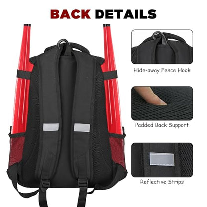 Goloni | Baseball Backpack,Baseball Bag for Adult,Softball Bat Bag with Shoes Compartment,Large Main Compartment for Helmet & accessories, Fence Hook - color: Pure red